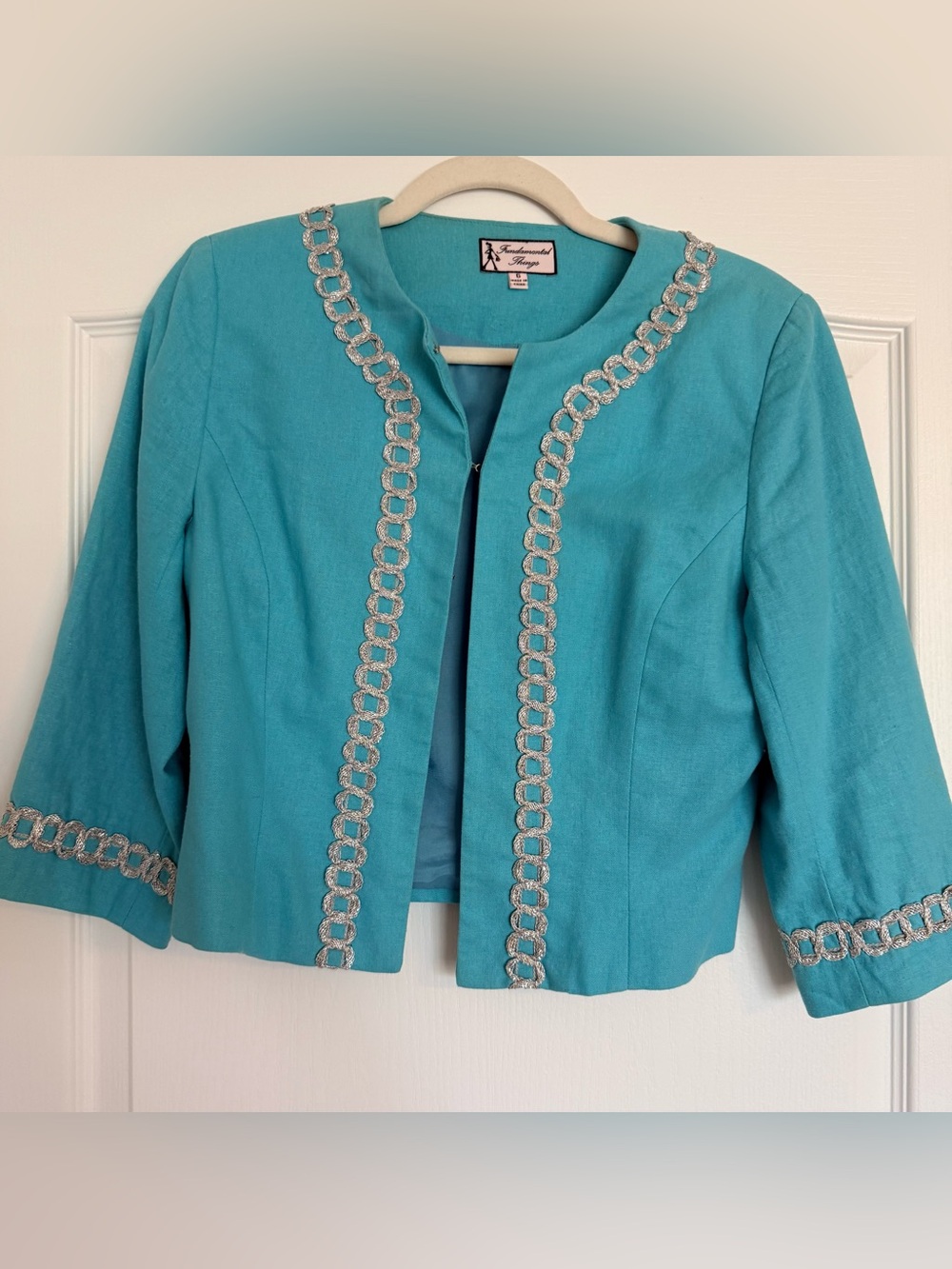 Fundamental Things Turquoise Linen Blend Cropped Jacket Size 6 Silver Trim